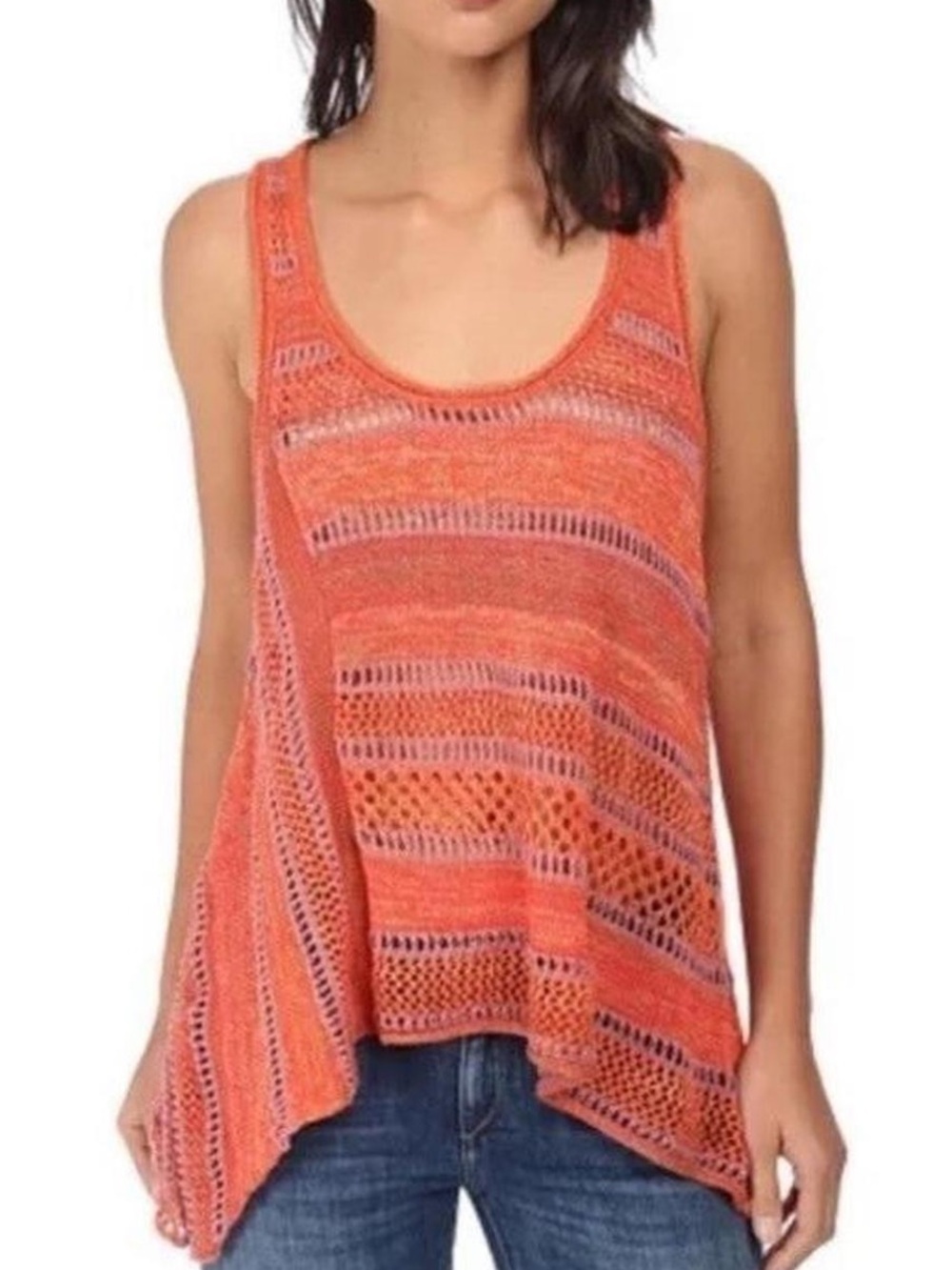 Free People Orange Open-Knit Striped Tank Top Live Bird Size Small